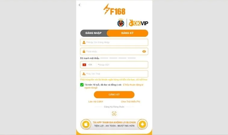 Giao diện đăng ký F168
